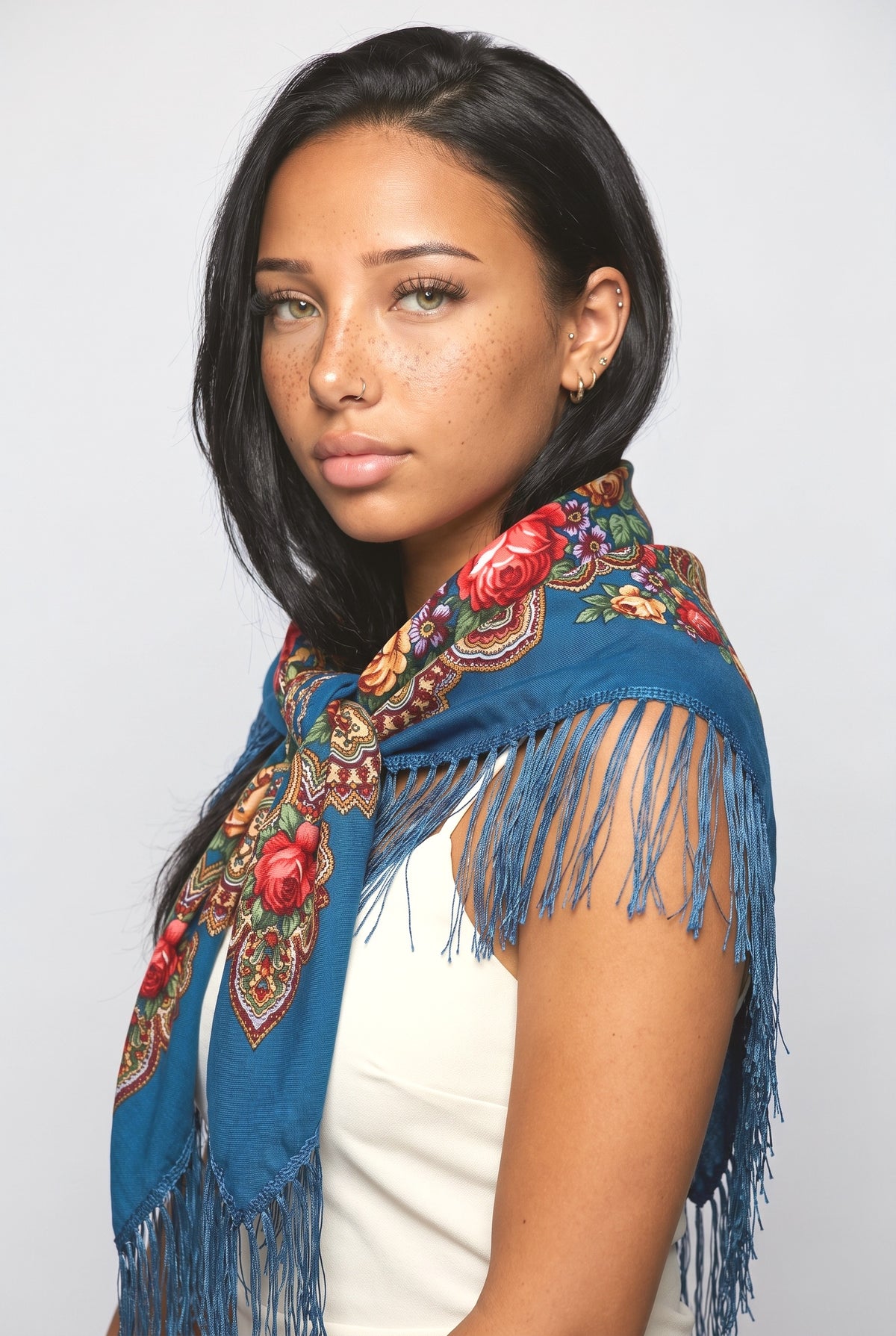 Print Large Square Scarf, worn, shown to scale
