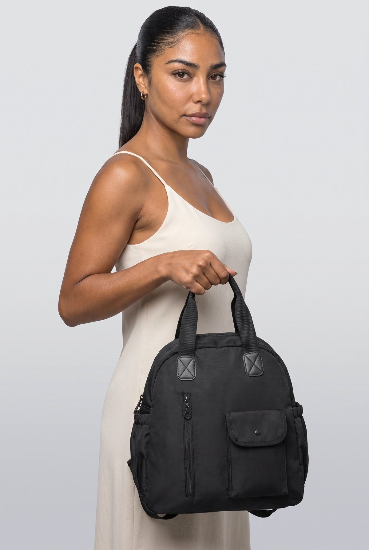 Backpack, worn, shown to scale