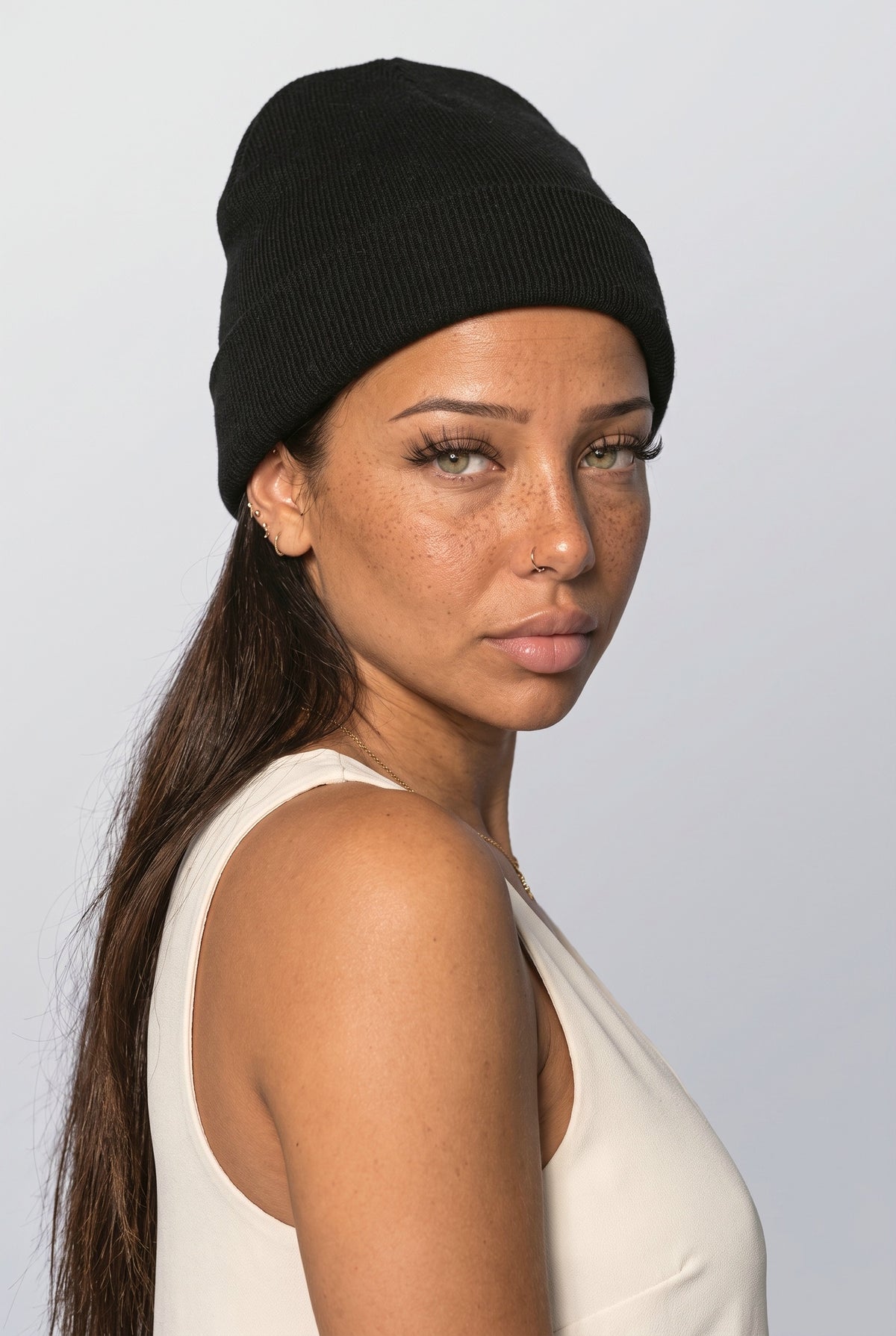 Beanie, worn, shown to scale