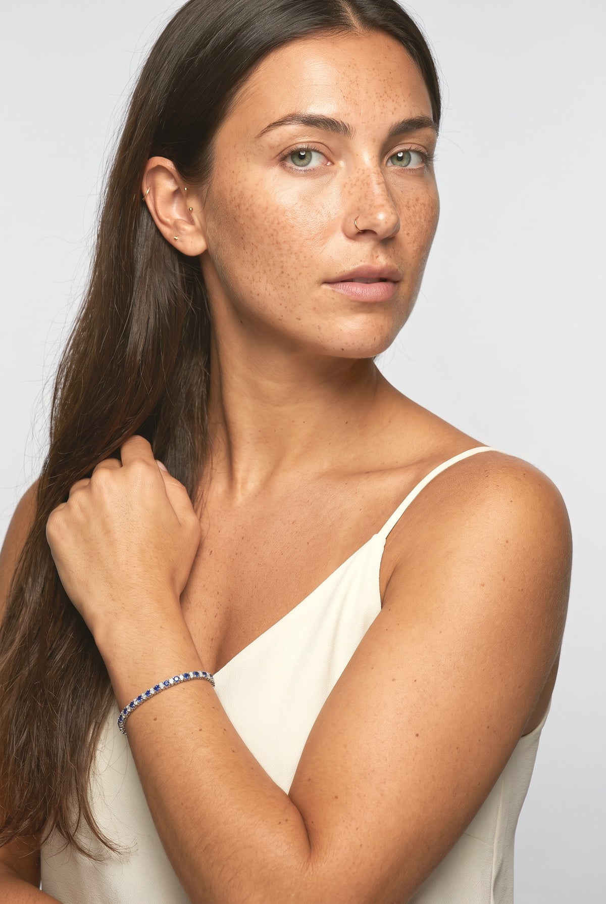 Blue Tennis Bracelet, worn, shown to scale