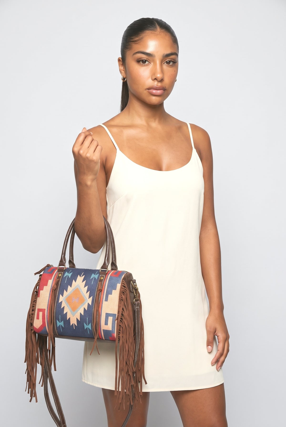 Bohemian Fringe Crossbody Bag, worn, shown to scale