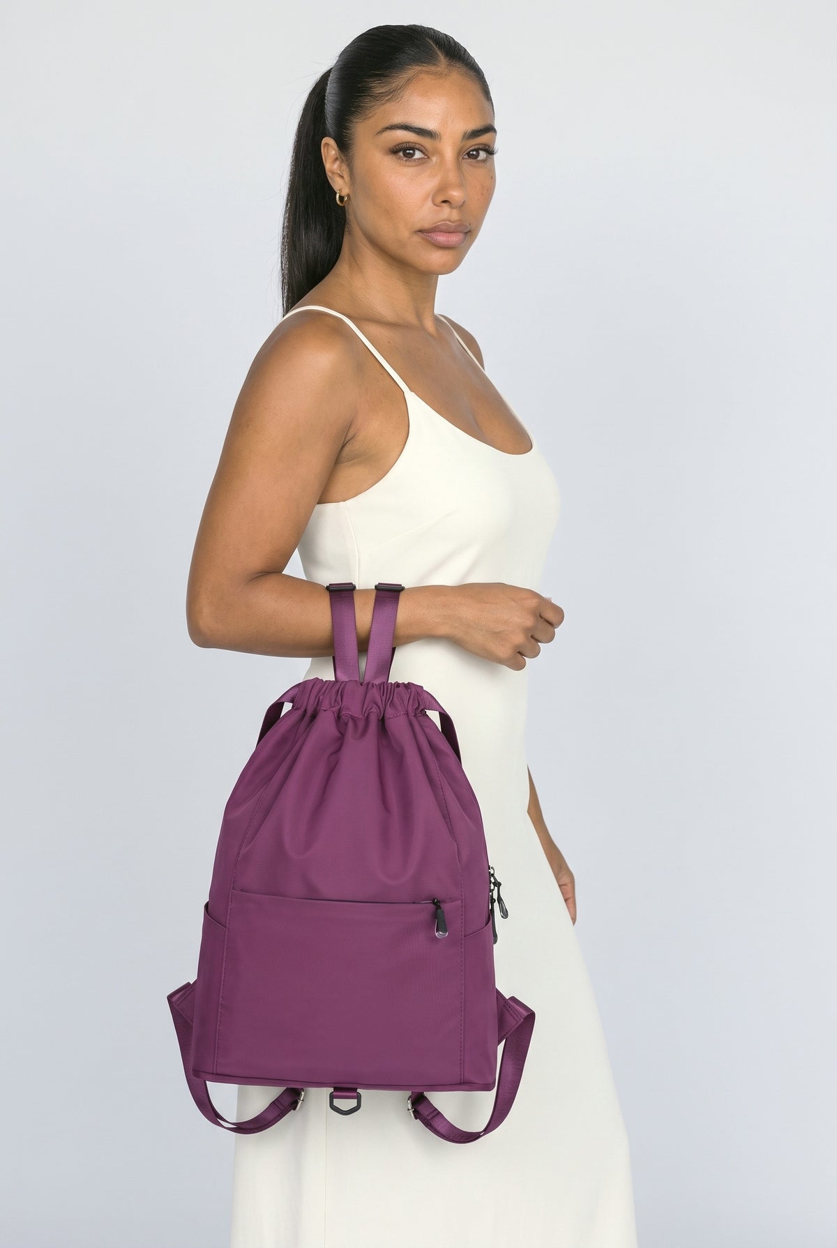 Backpack, worn, shown to scale