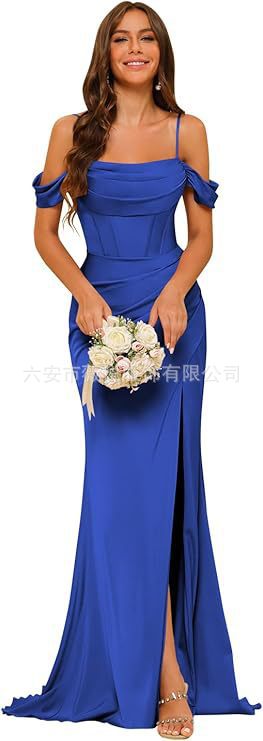 Satin Off-Shoulder Corset Slit Bridesmaid Dress