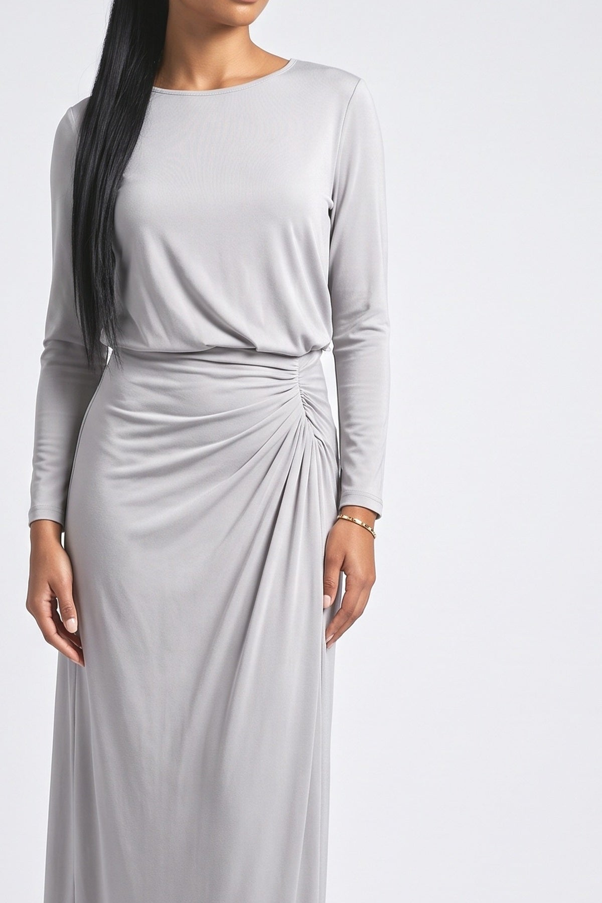 Beige Crew Neck Pleated Maxi Dress