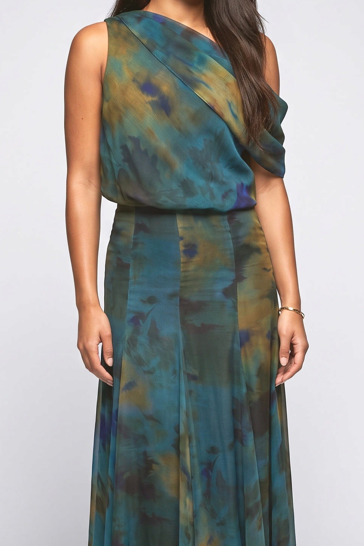 Multicolor Print Asymmetric Outfit Set, fabric detail