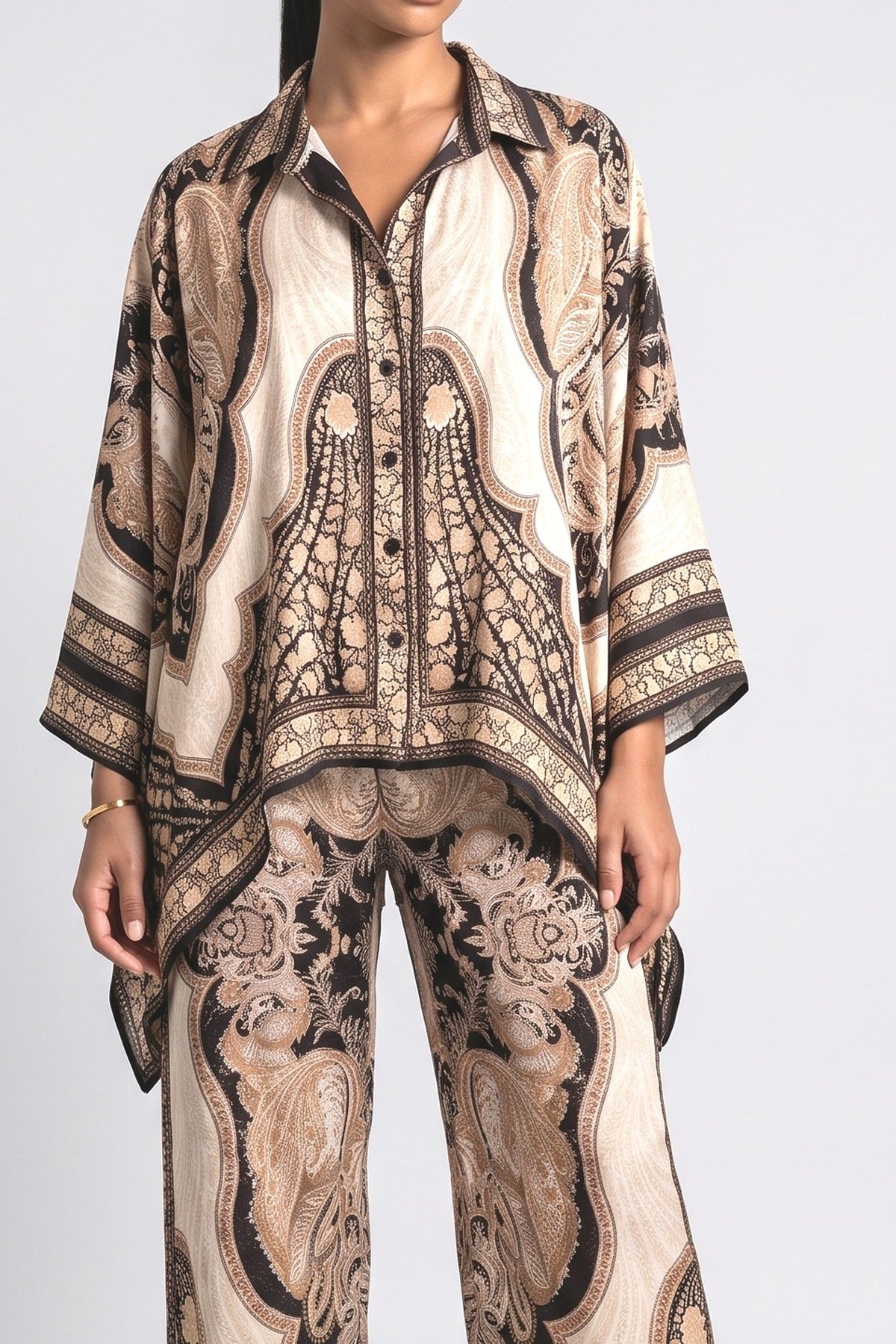 Paisley Satin Relaxed Outfit Set, fabric detail