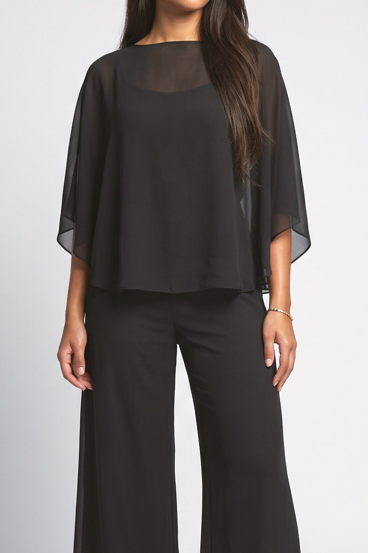 Chiffon Cape Top & Wide-Leg Pants Two-Piece Set, fabric detail