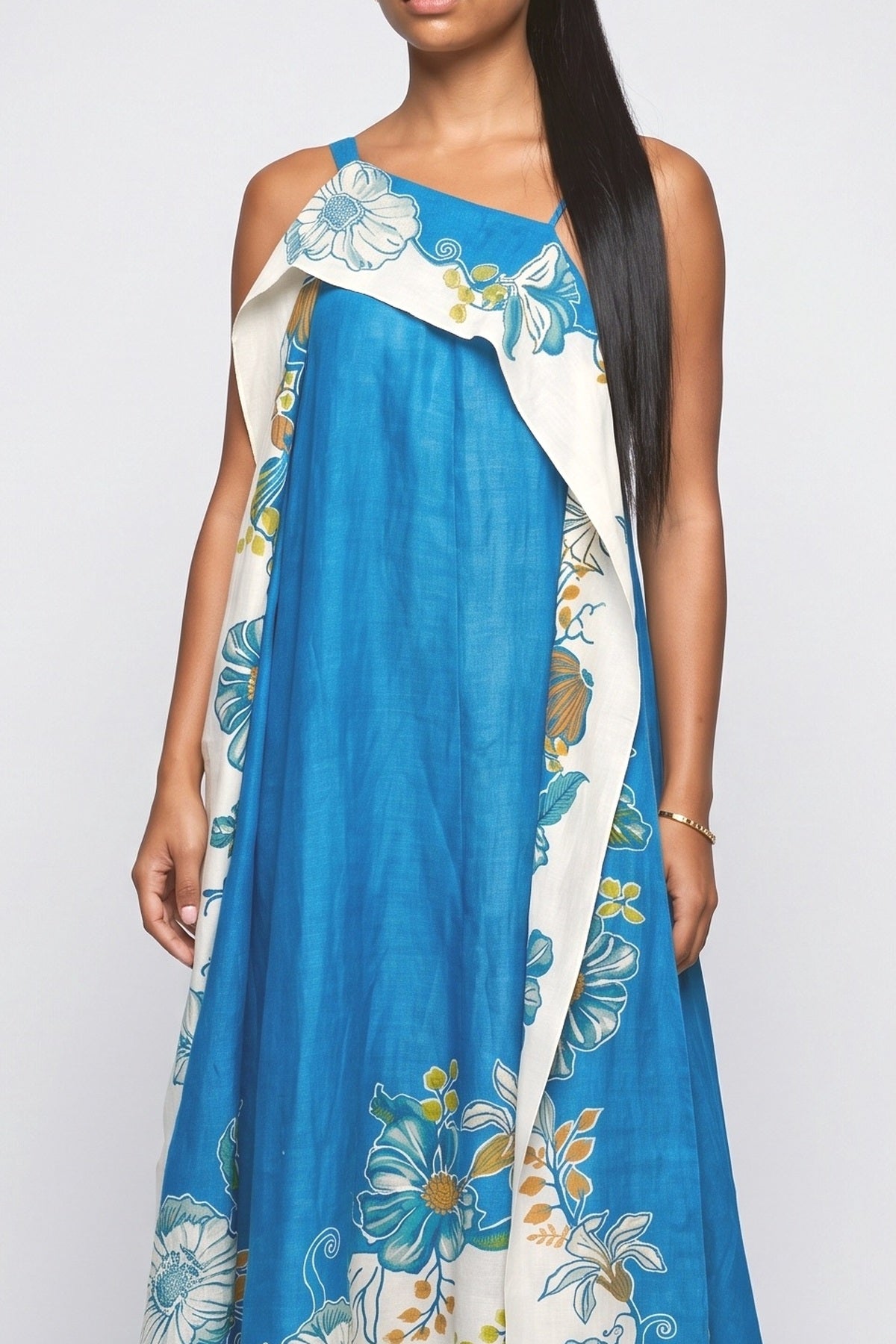 Blue Tropical Strappy Asymmetric Maxi Dress, fabric detail