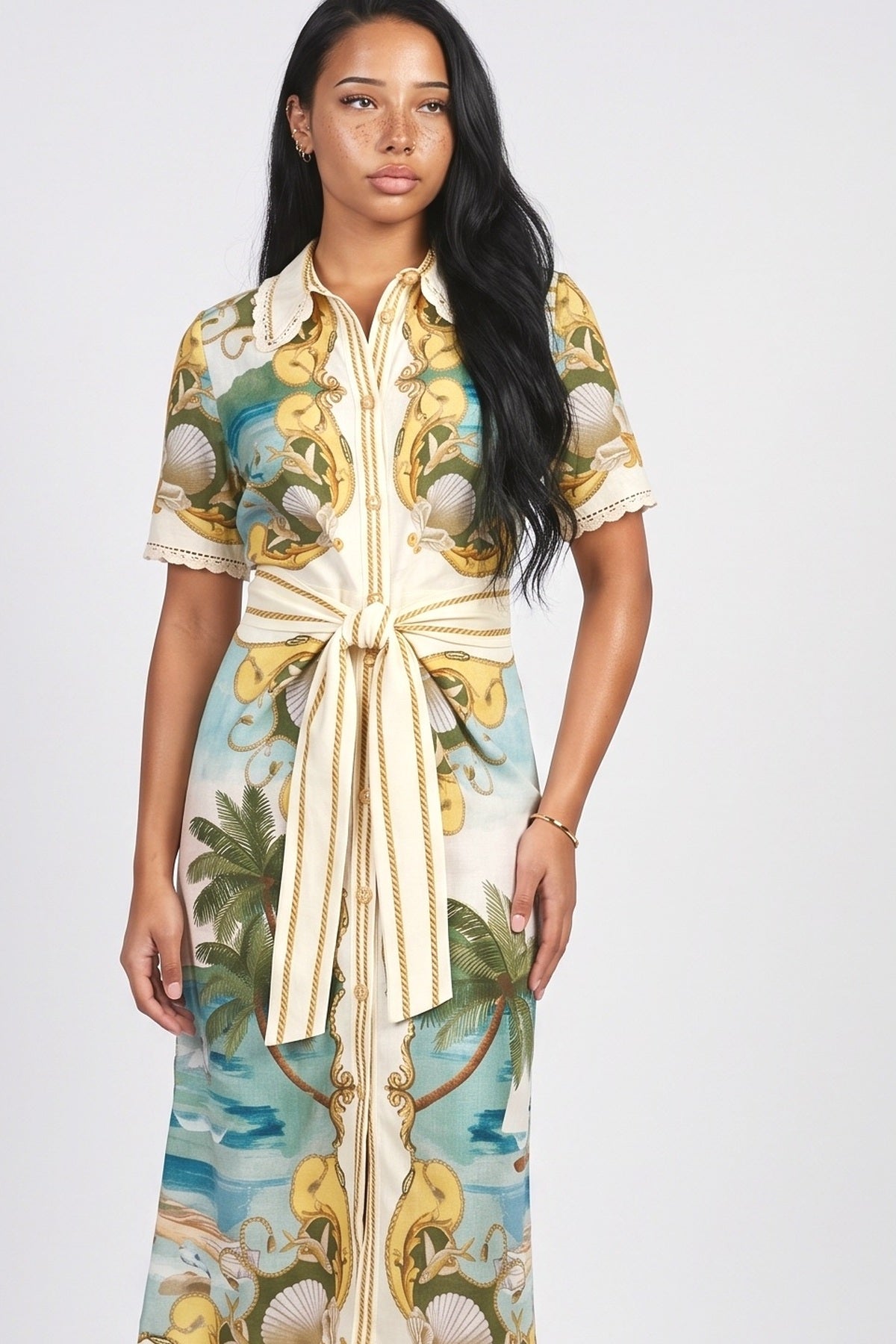 Palm & Shell Print Button Front Midi Dress, fabric detail
