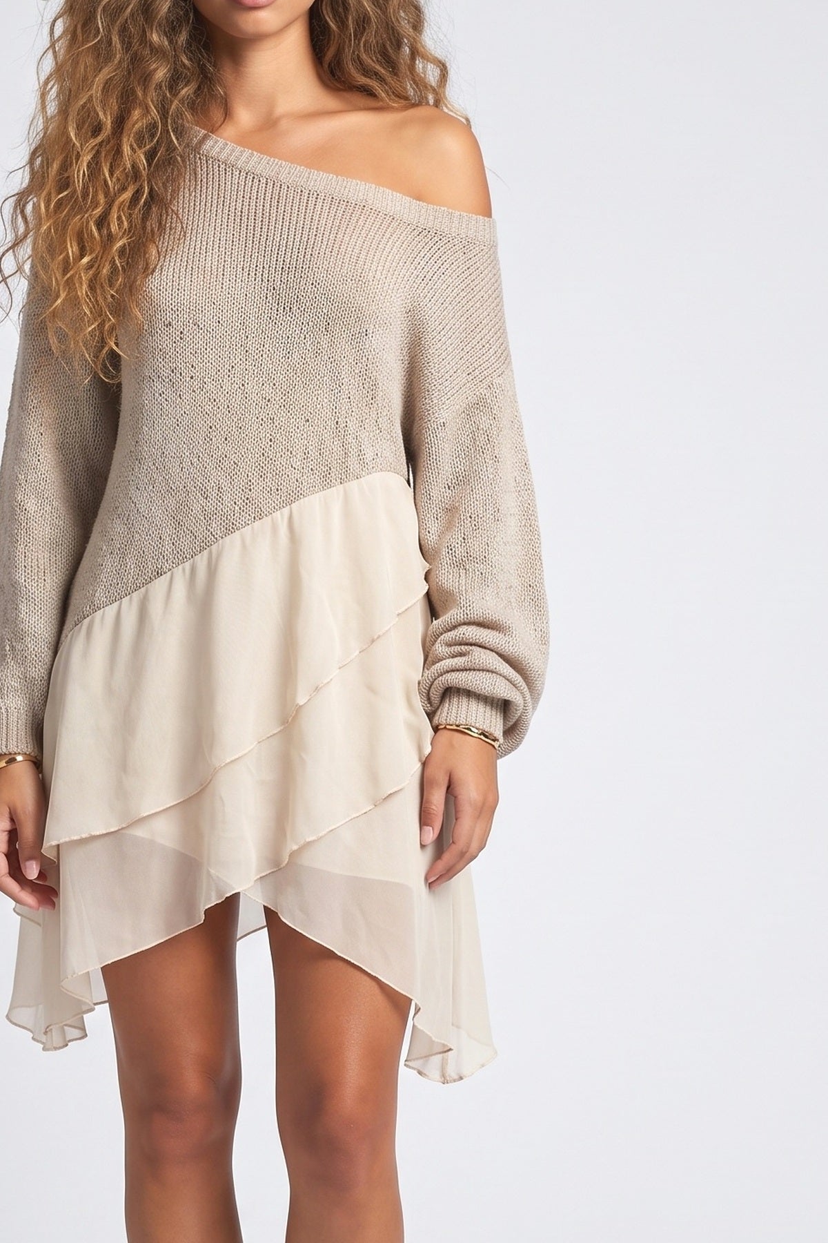 Beige Knit Ruffle Mini Dress