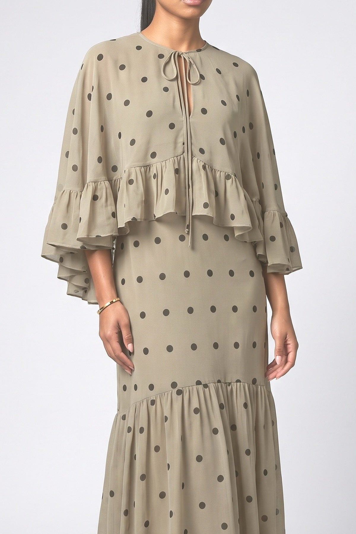 Beige Polka Dot Chiffon Ruffle Maxi Dress, fabric detail