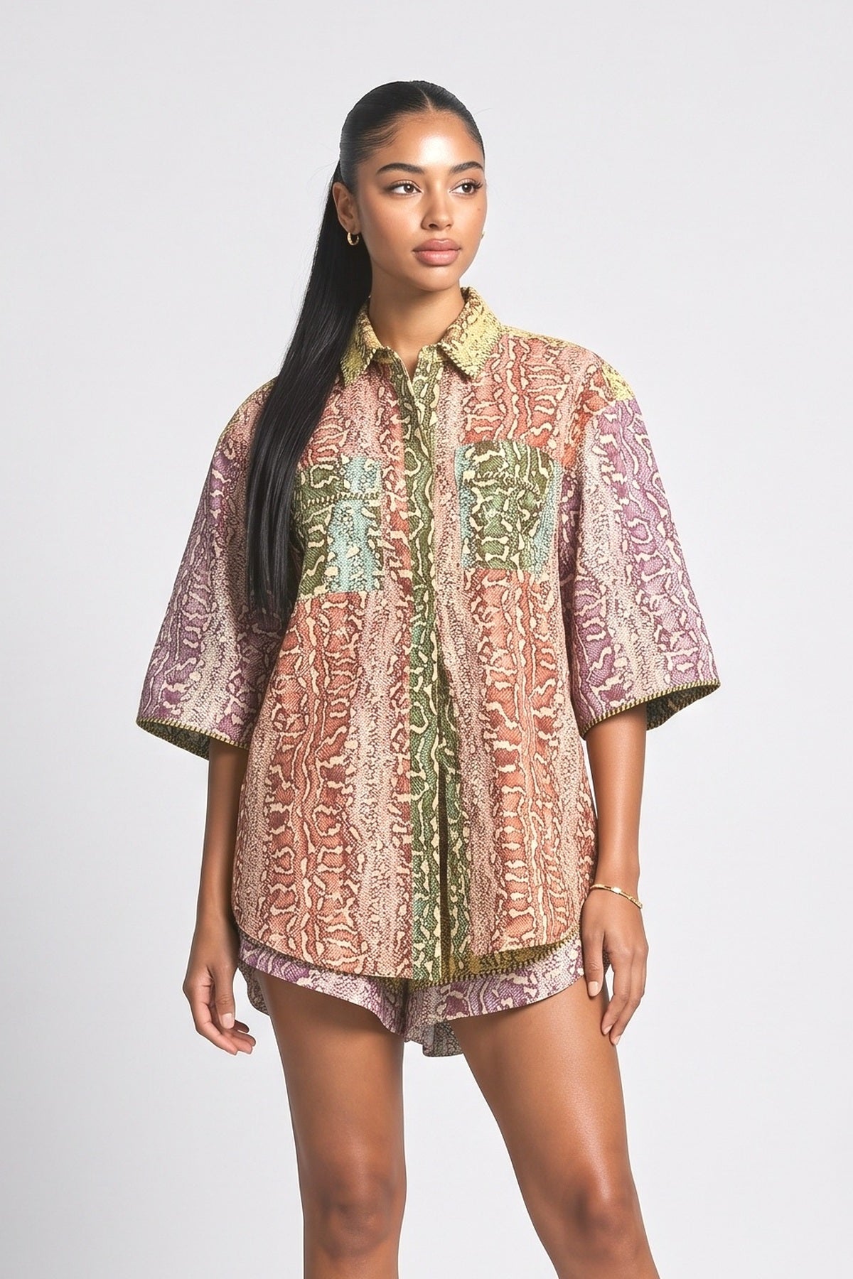 Patchwork Snakeskin Print Shirt & Shorts Set, fabric detail