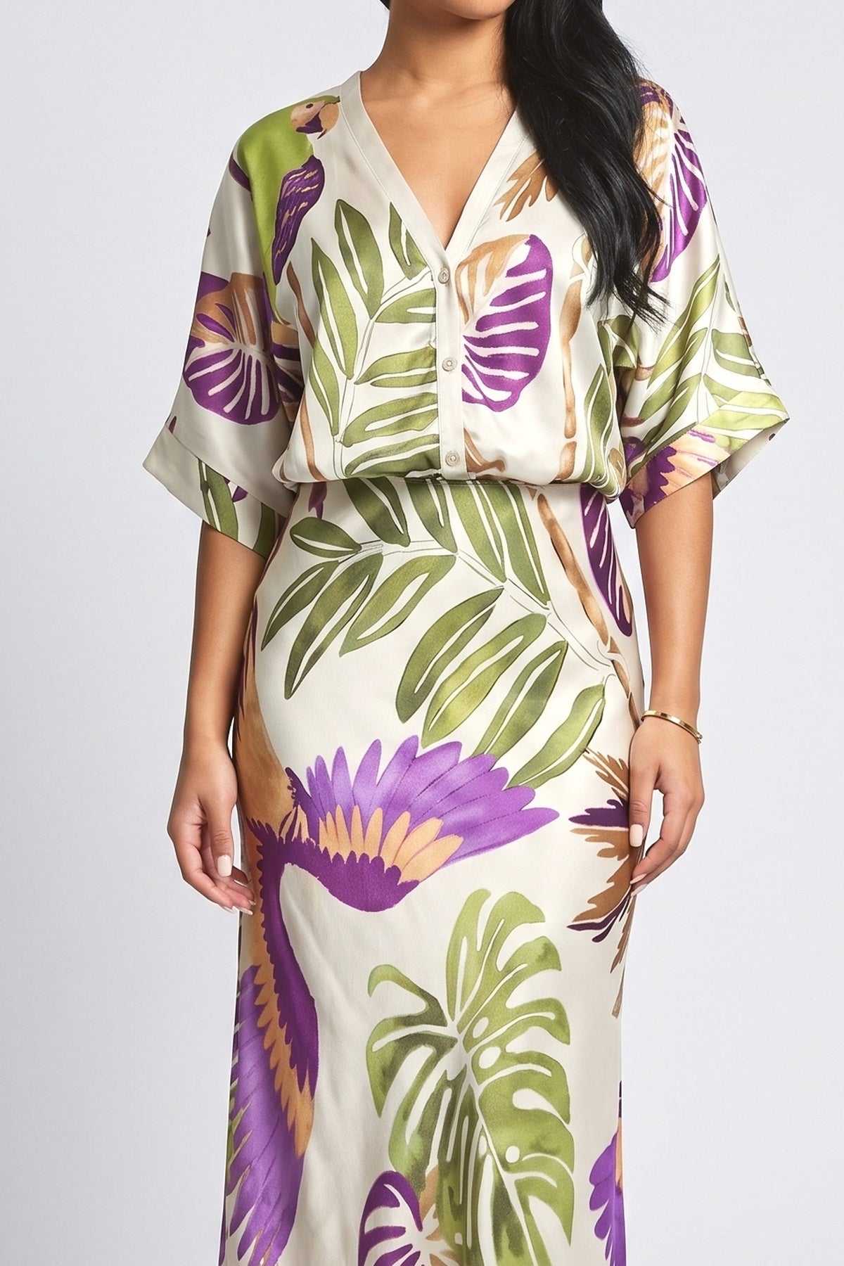Parrot and Palm Leaf Print Two-Piece Set, fabric detail