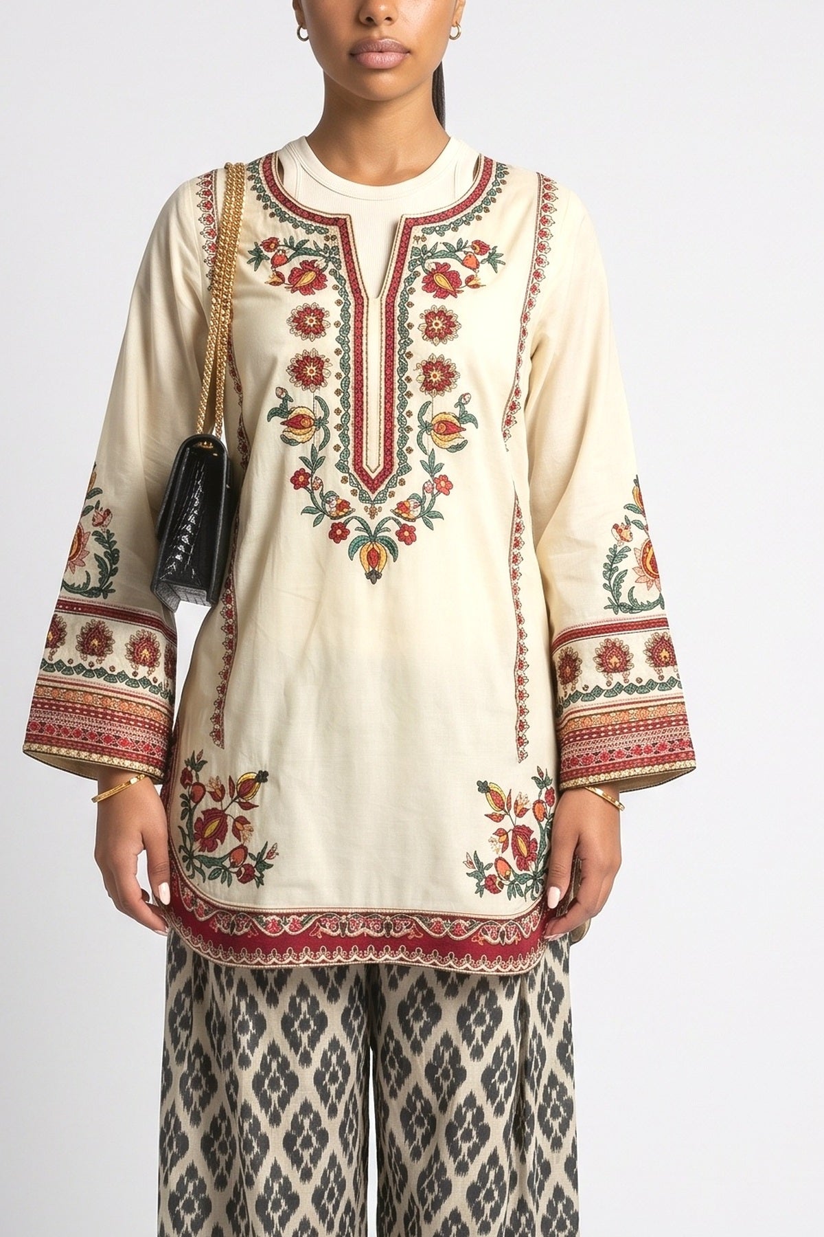 Ethnic Print Elastic Waist Wide-Leg Pants, fabric detail