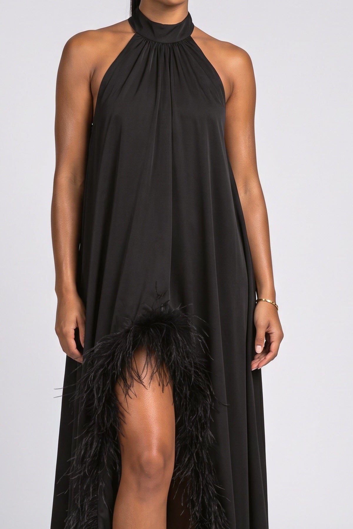 Satin Halter Neck Sleeveless Feather Trim Maxi Dress, fabric detail
