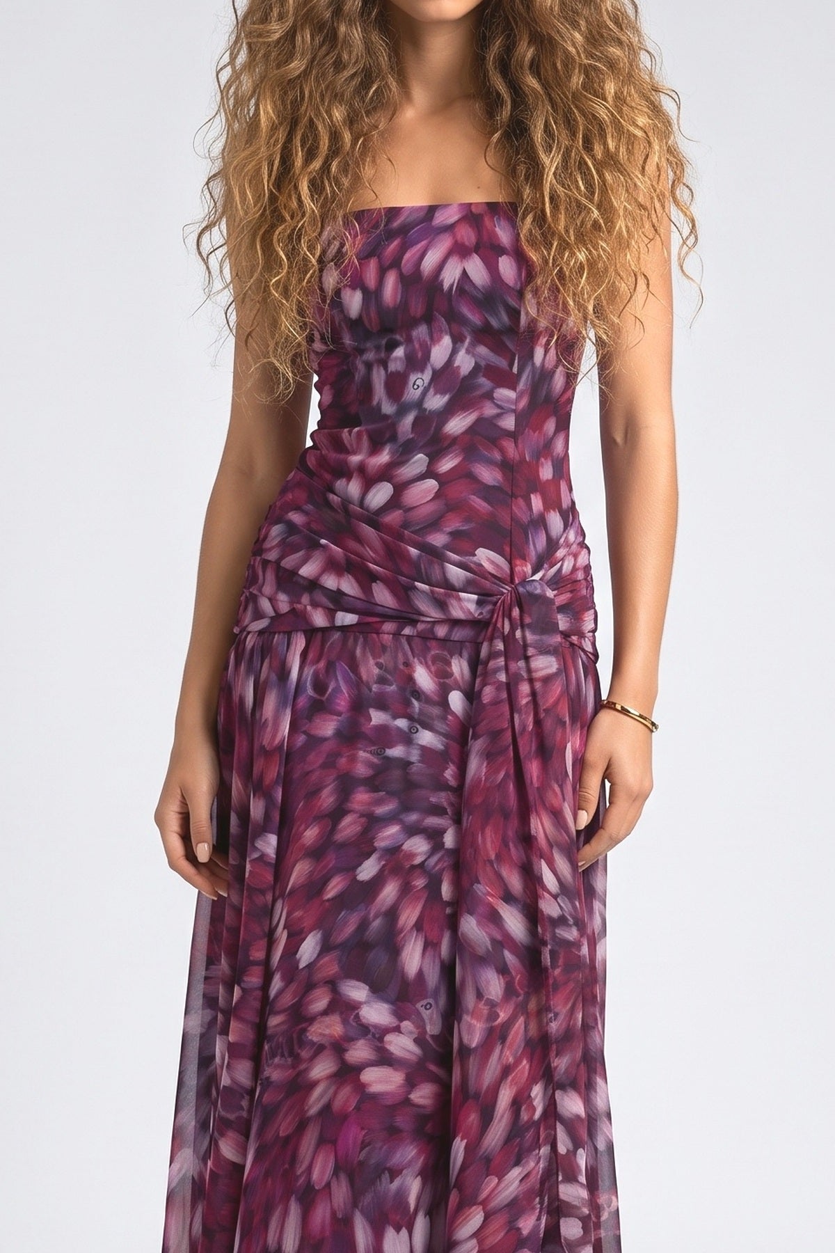 Purple Abstract Strappy Ruched Maxi Dress, fabric detail