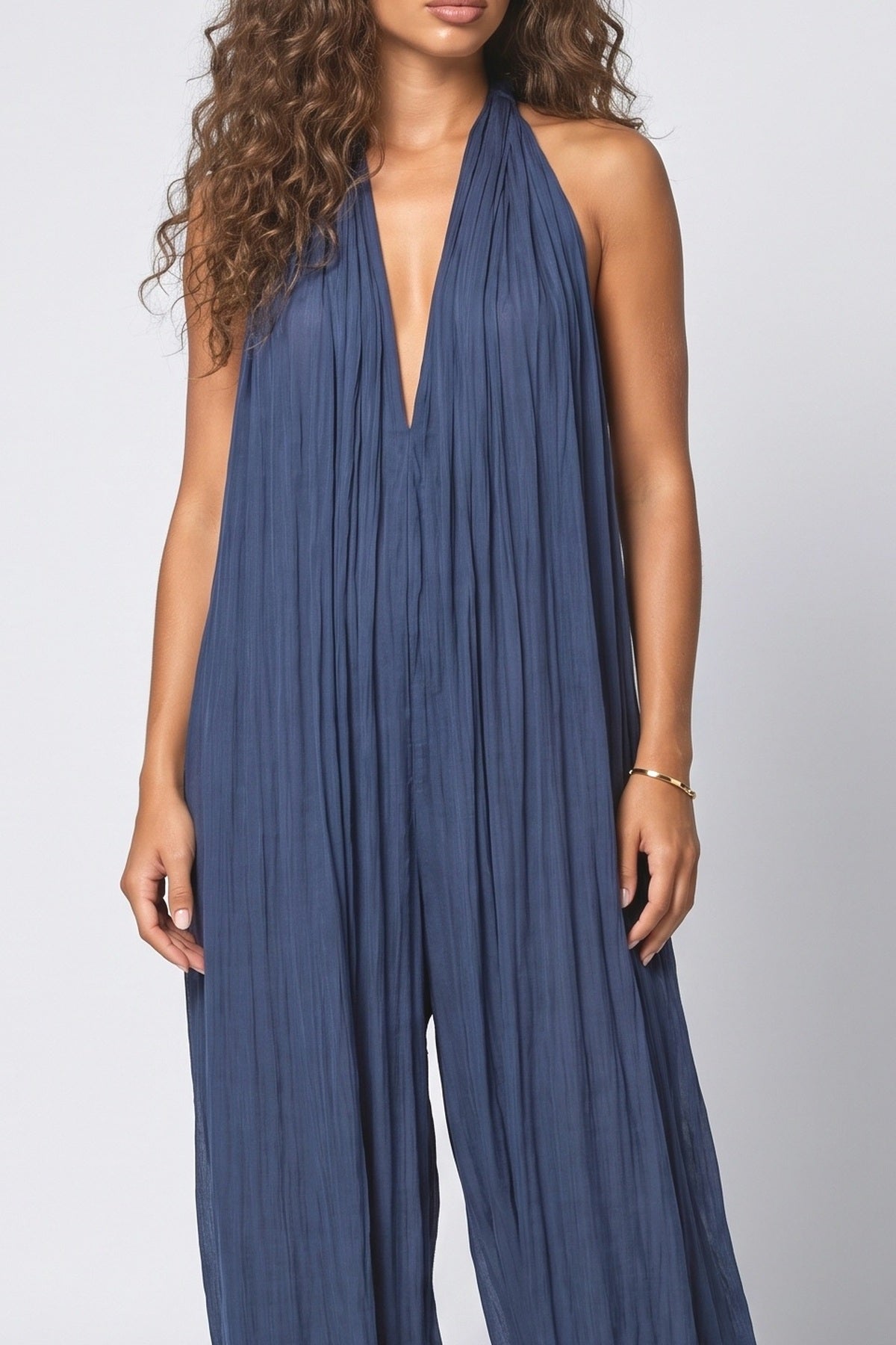 Blue V-Neck Pleated Jumpsuit, fabric detail