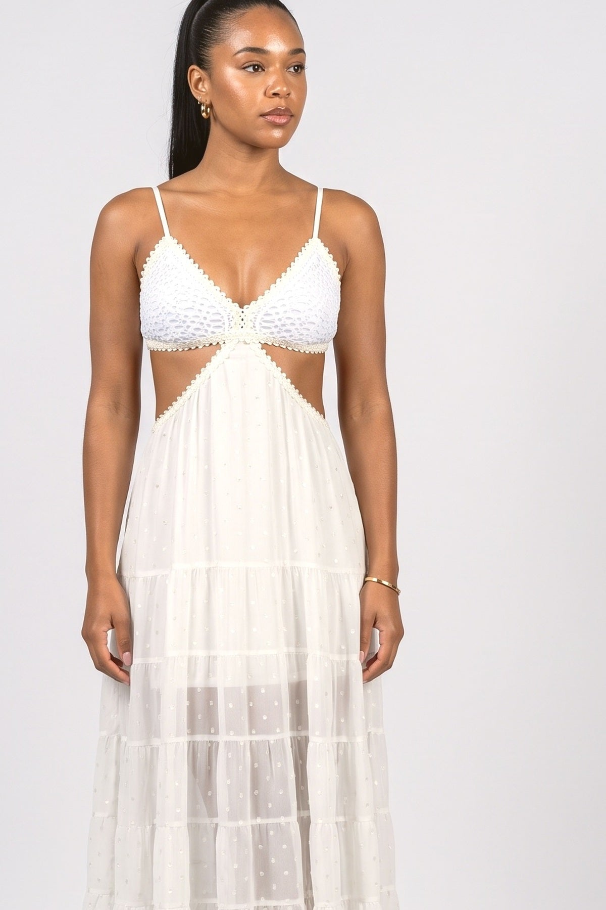 White Polka Dot Chiffon Cutout Maxi Dress, fabric detail