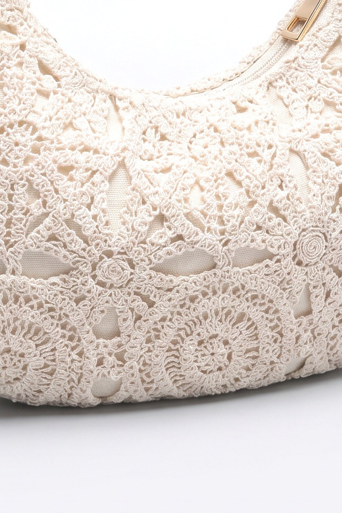 Boho Hollow Crochet Lace Knotted Handle Hobo Shoulder Bag, fabric detail