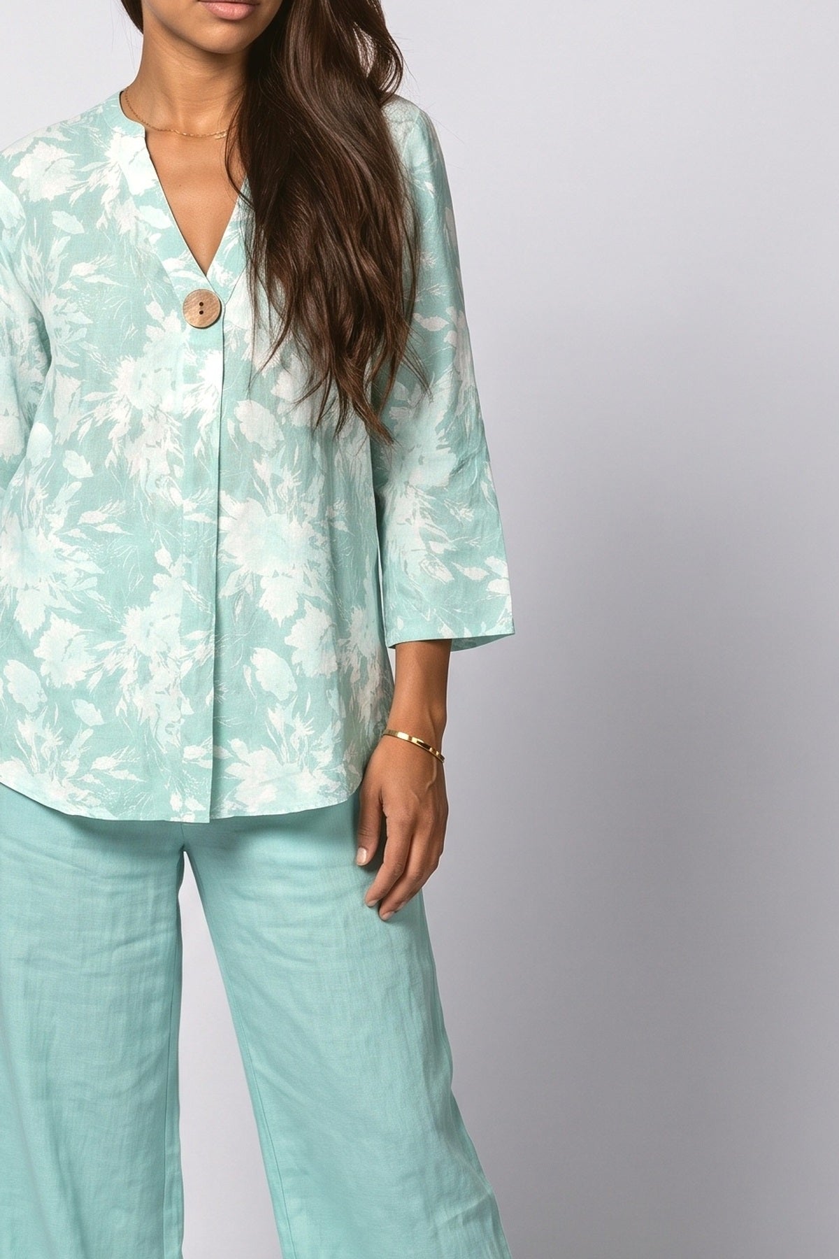 Green V-Neck Floral Two Piece Outfit, fabric detail