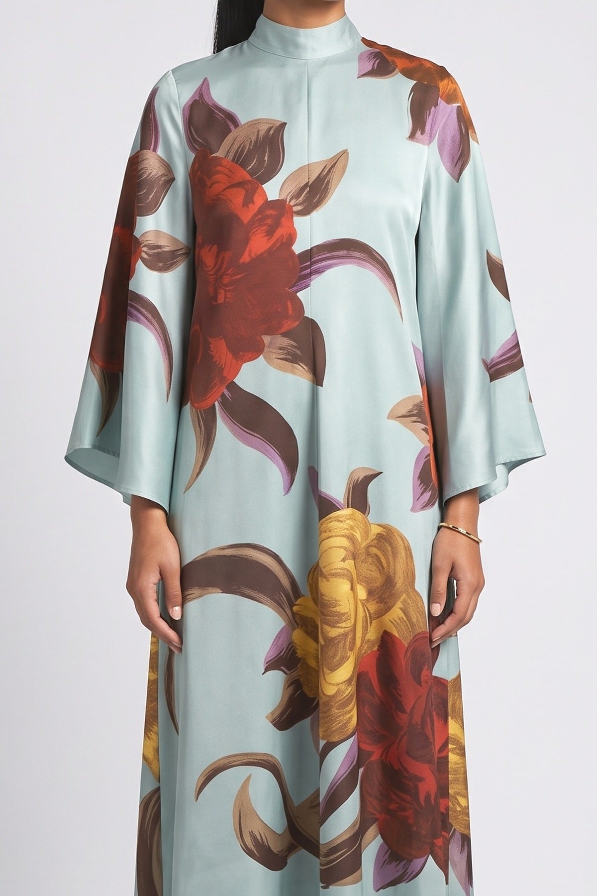 Blue Floral Satin Maxi Dress, fabric detail