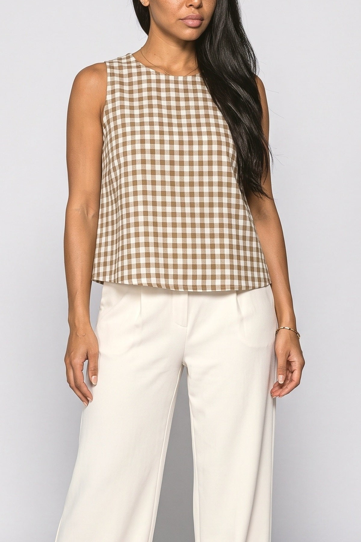 Gingham Sleeveless A-Line Tank Top, fabric detail