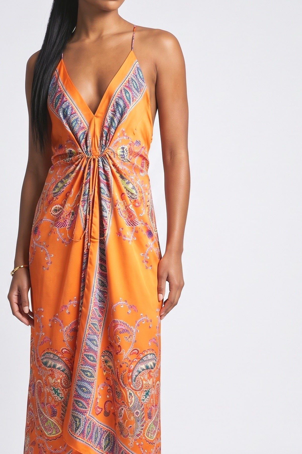 Orange Paisley Satin Backless Strappy Maxi Dress, fabric detail