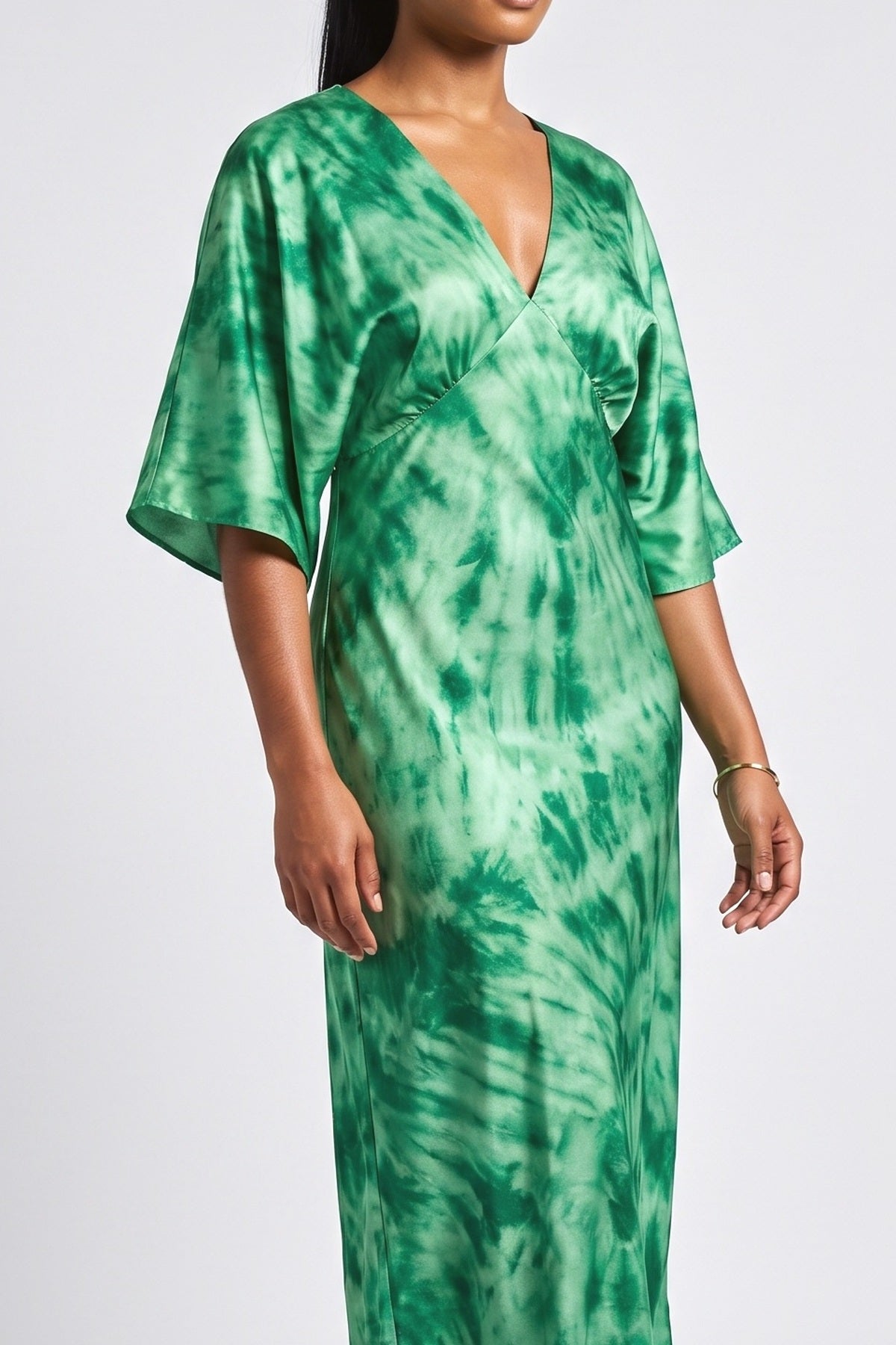 Green Tie-Dye Satin Maxi Dress, fabric detail