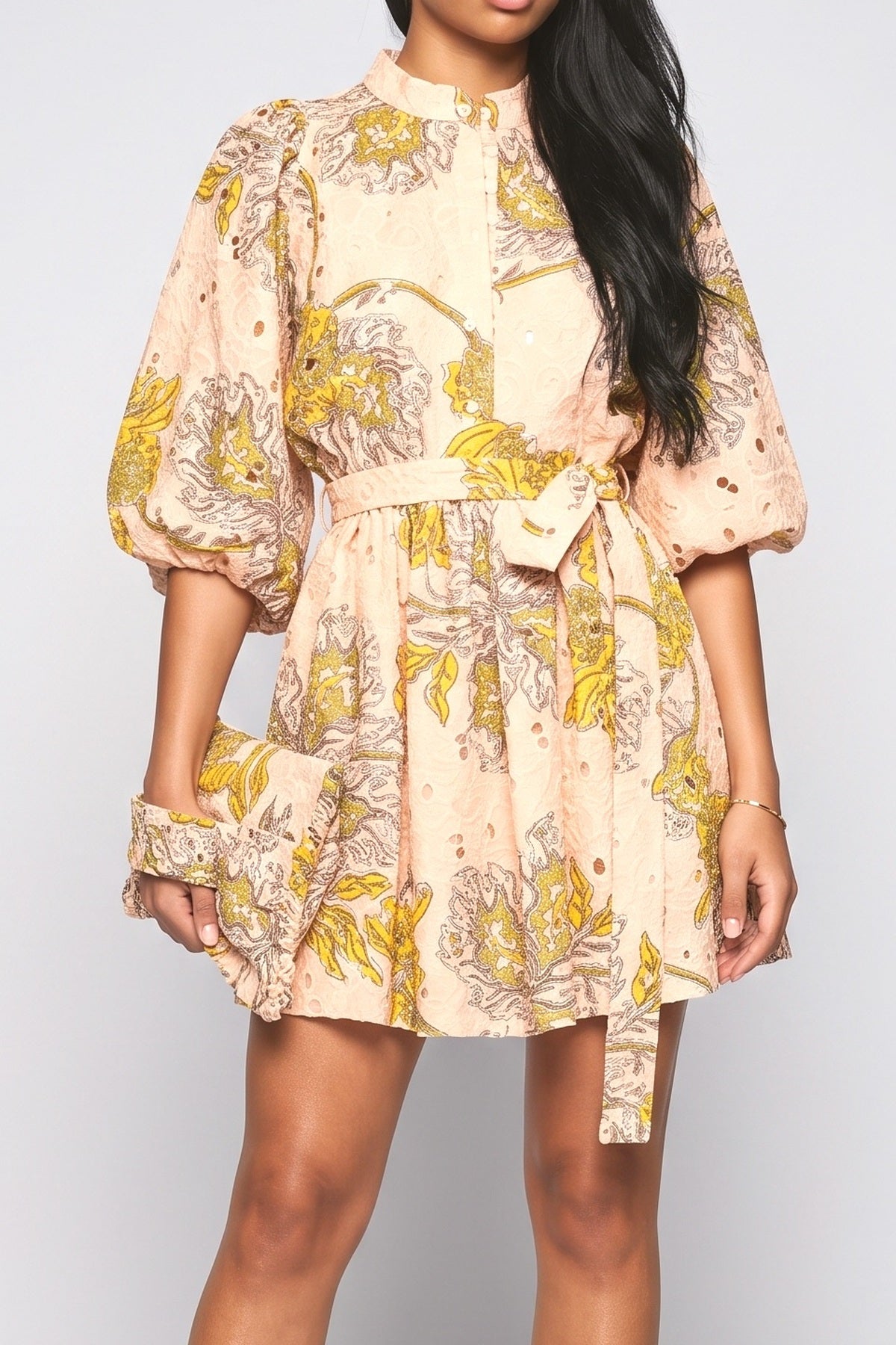 Multicolor Lace Puff Sleeve Mini Dress, fabric detail
