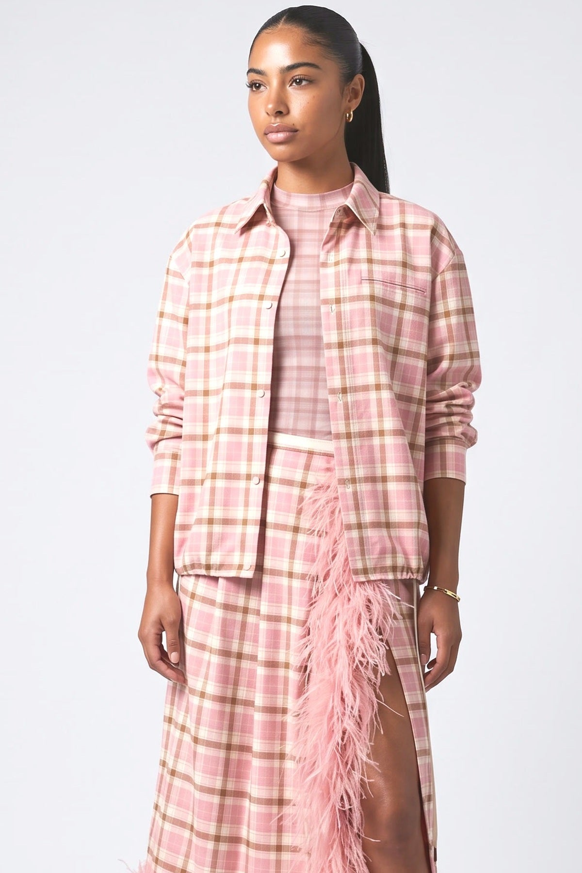 Plaid Feather Trim Outfit Set, fabric detail