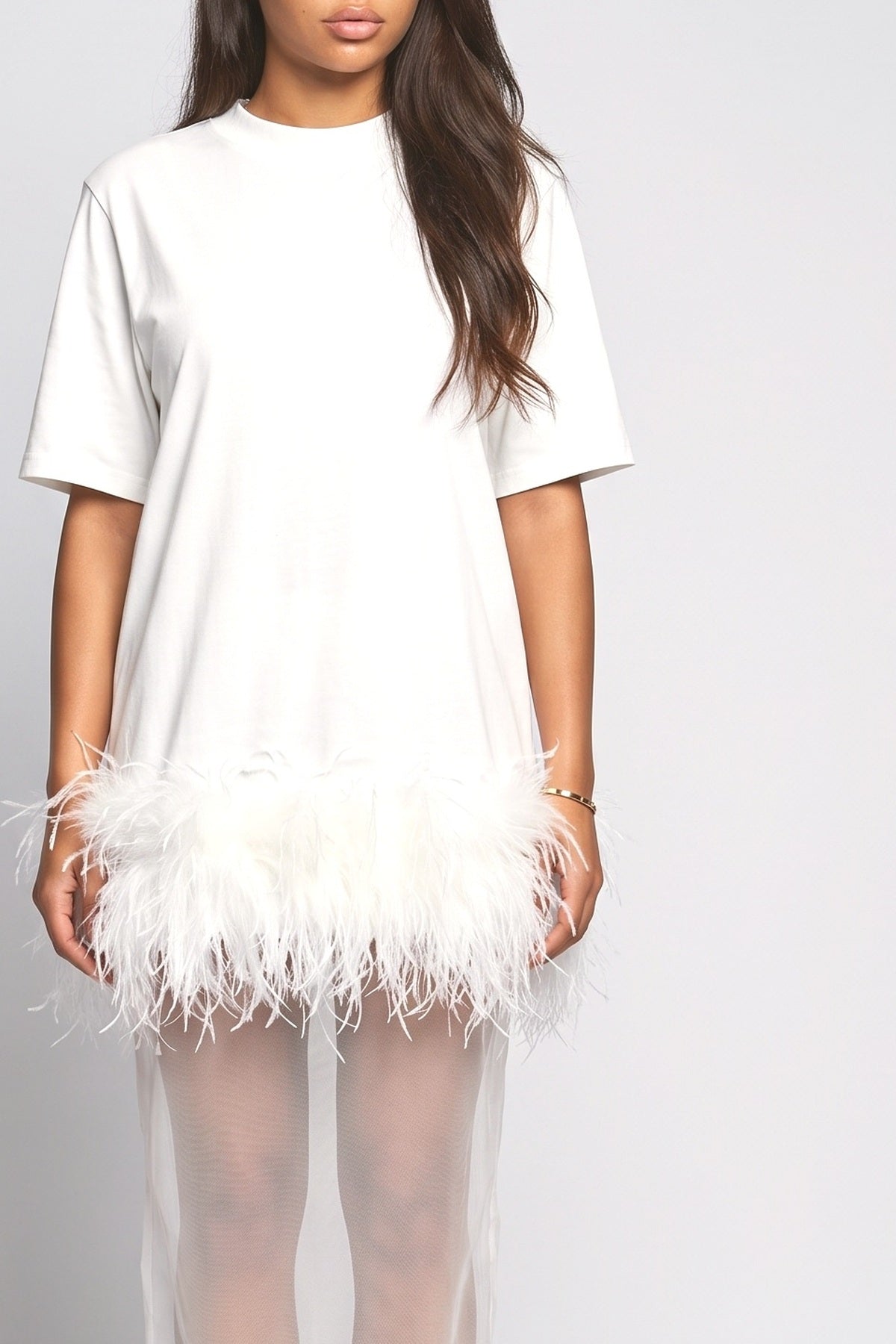 White Mesh Feather Trim Outfit Set, fabric detail