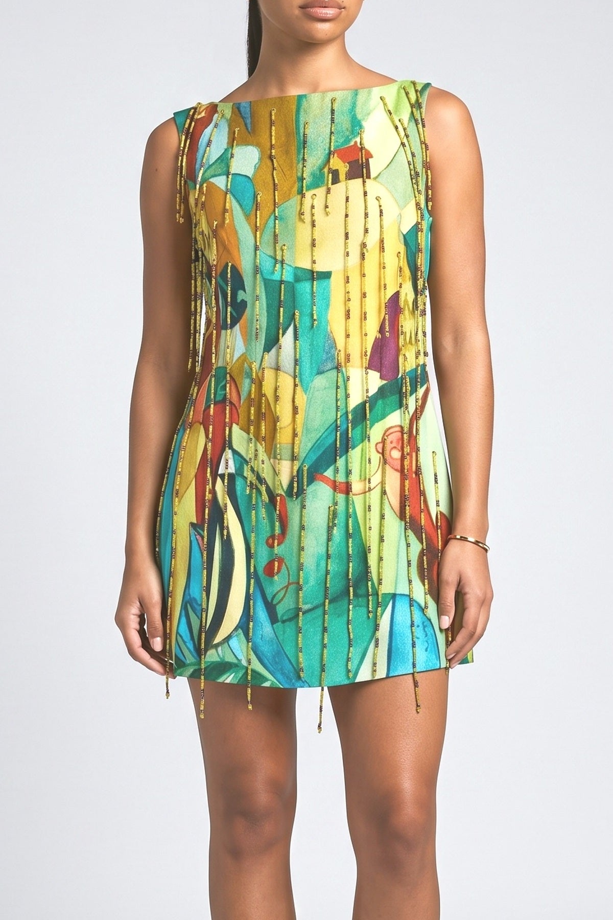 Multicolor Print Fringe Mini Dress, fabric detail