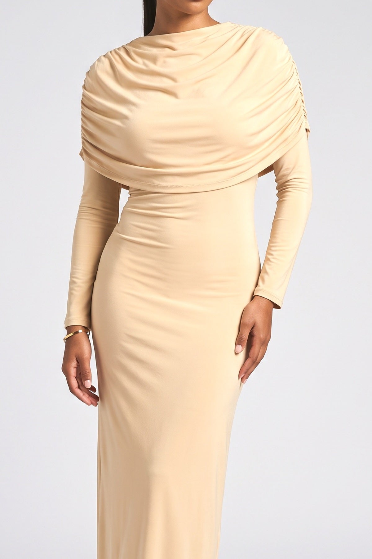 Pleated Ribbon Design Maxi Dress, fabric detail