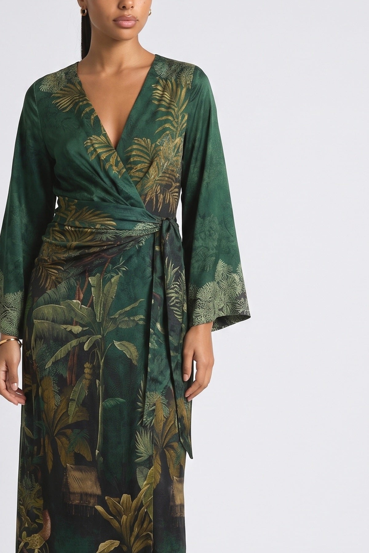 Green Print Satin Wrap Midi Dress, fabric detail