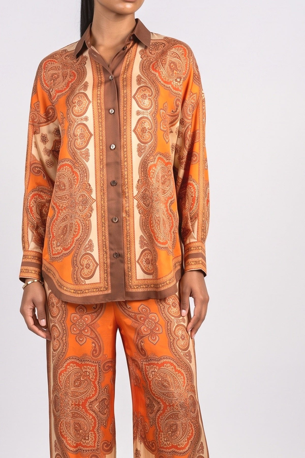 Orange Paisley Long Sleeve Outfit Set, fabric detail