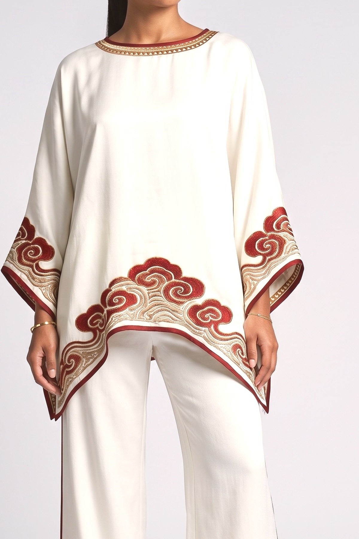 Beige Satin Relaxed Outfit Set, fabric detail