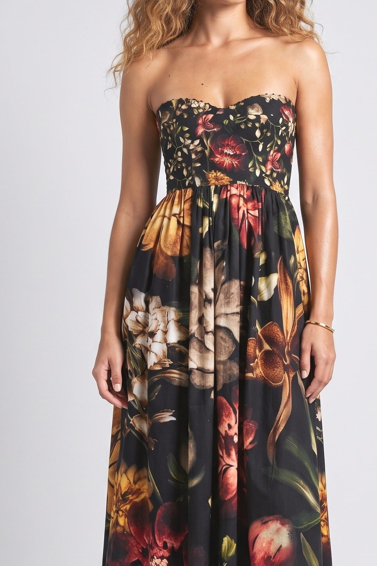 Black Print Lace Strapless Pleated Midi Dress, fabric detail