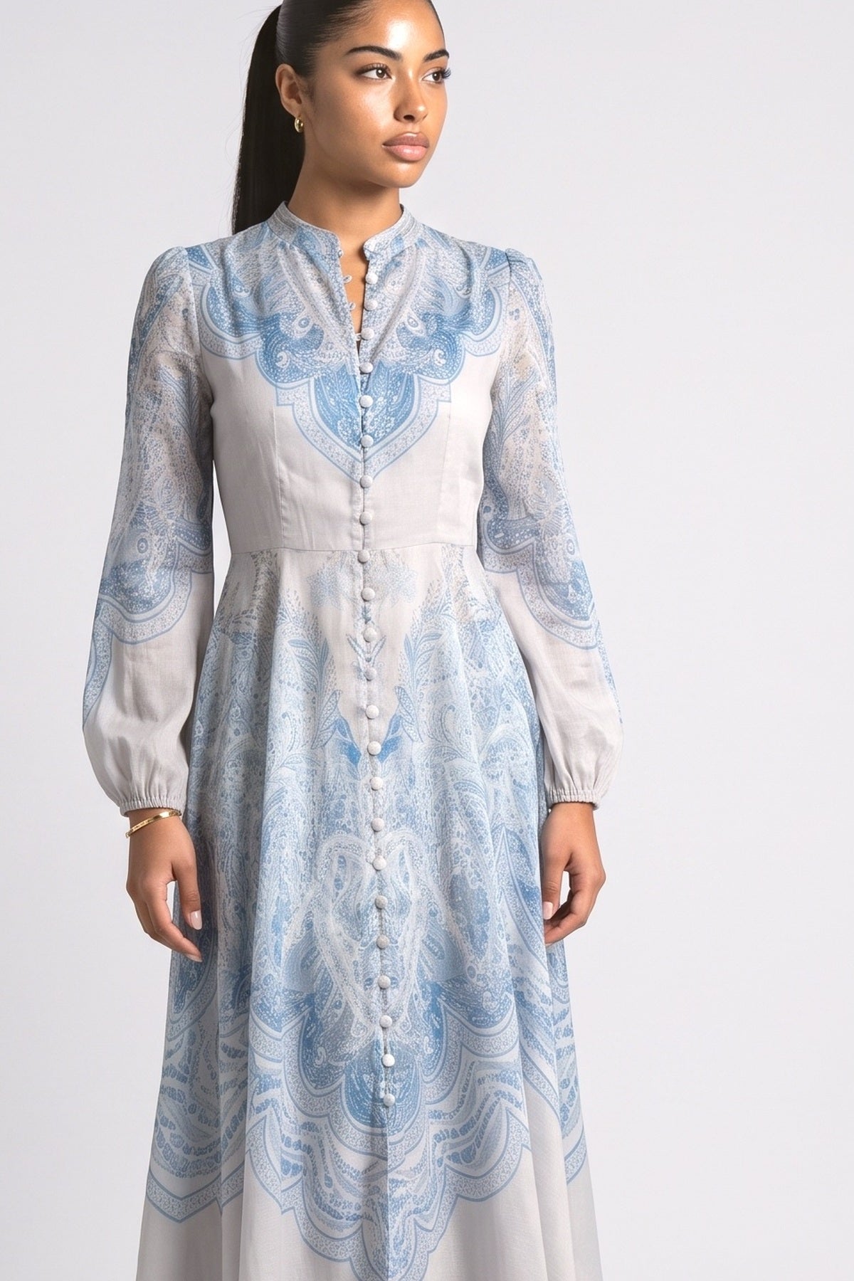 Blue Paisley A-Line Maxi Dress, fabric detail