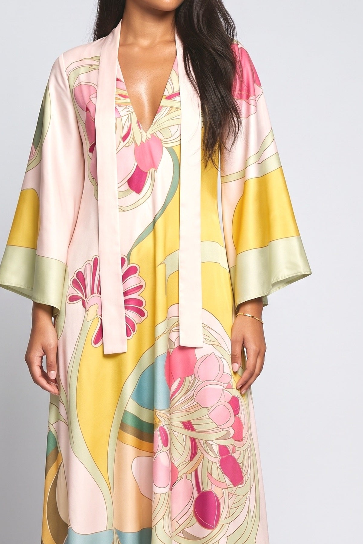 Multicolor Floral Satin Relaxed Maxi Dress, fabric detail