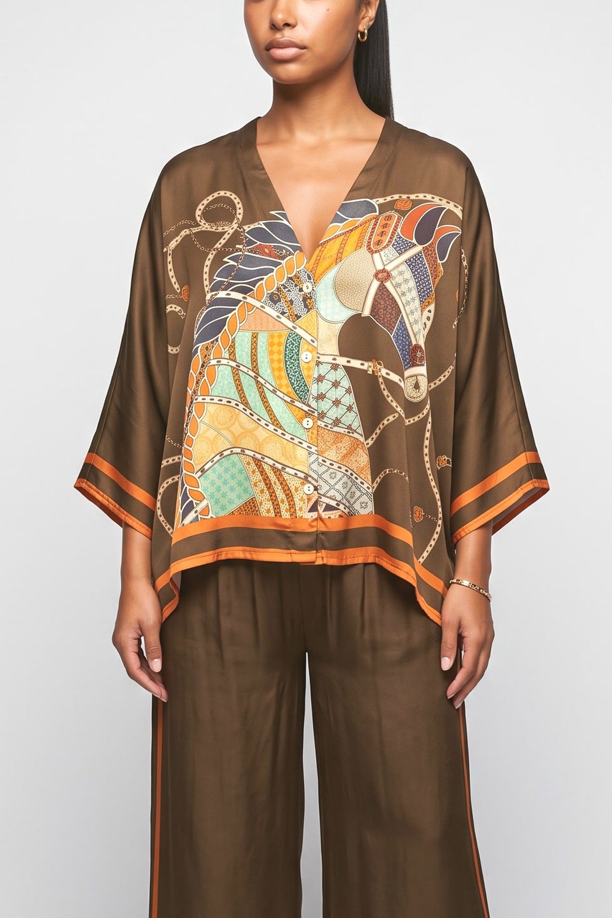 Horse Print Satin Kimono Top & Pants Two-Piece Set, fabric detail