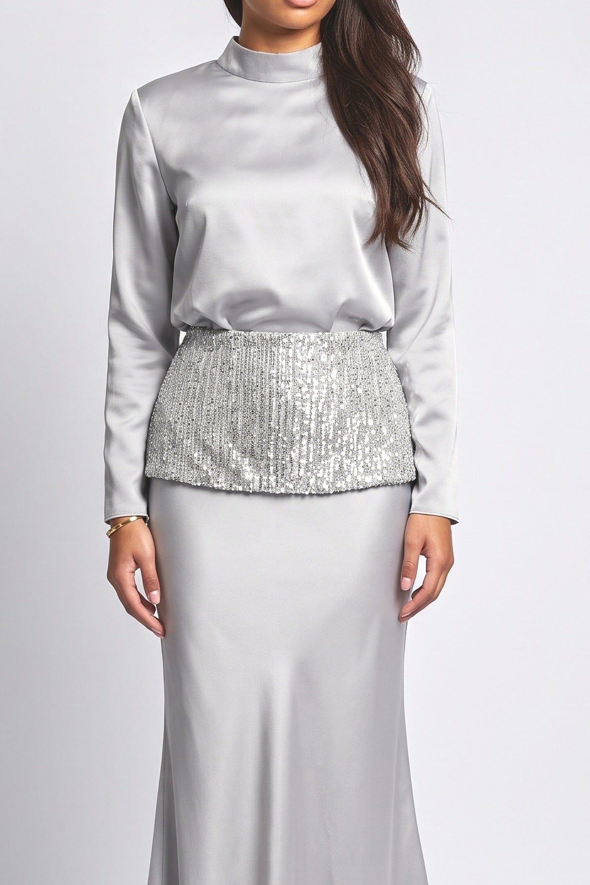 Gray Satin Mermaid Outfit Set, fabric detail