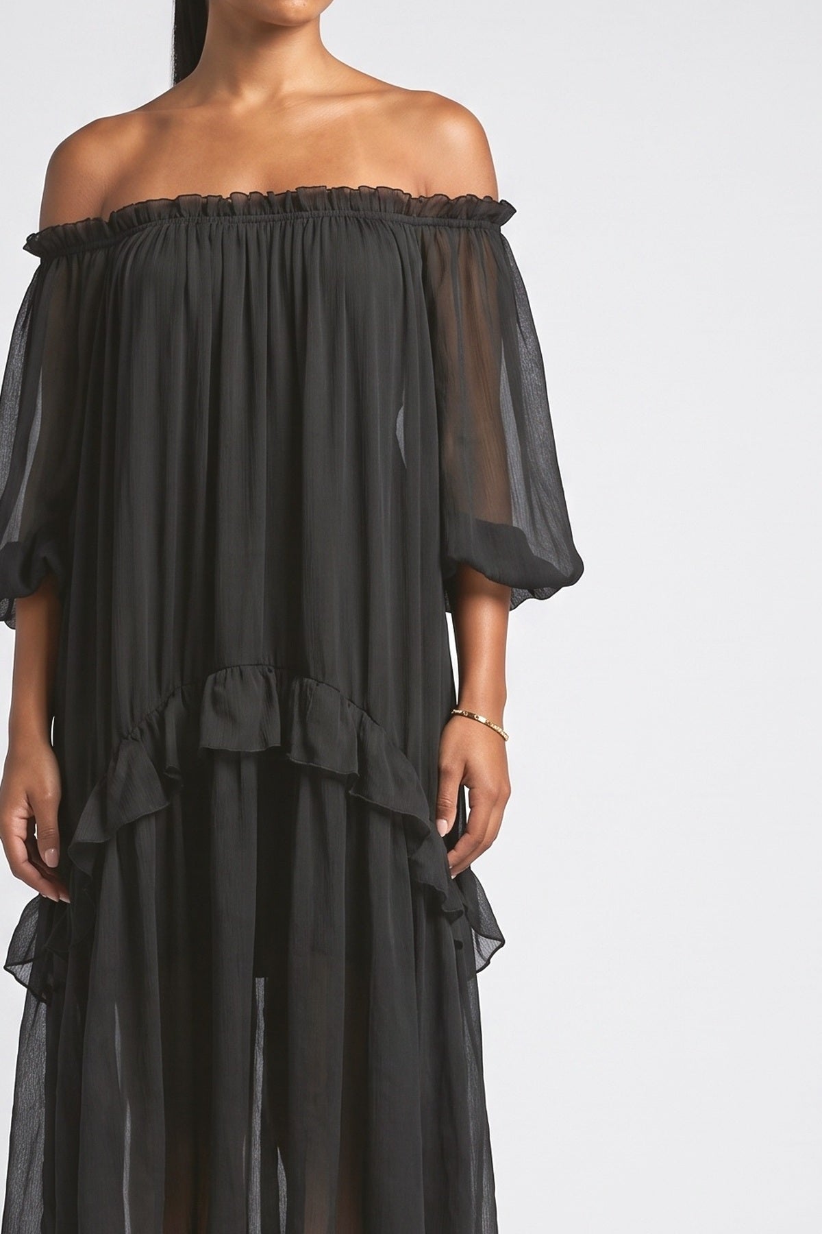 Blue Sheer Off-Shoulder Ruffle Midi Dress, fabric detail