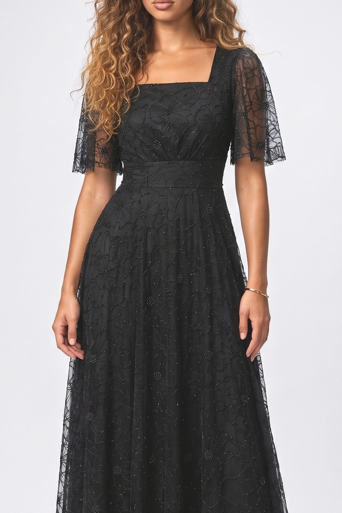 Floral Tulle Square Neck Maxi Dress, fabric detail