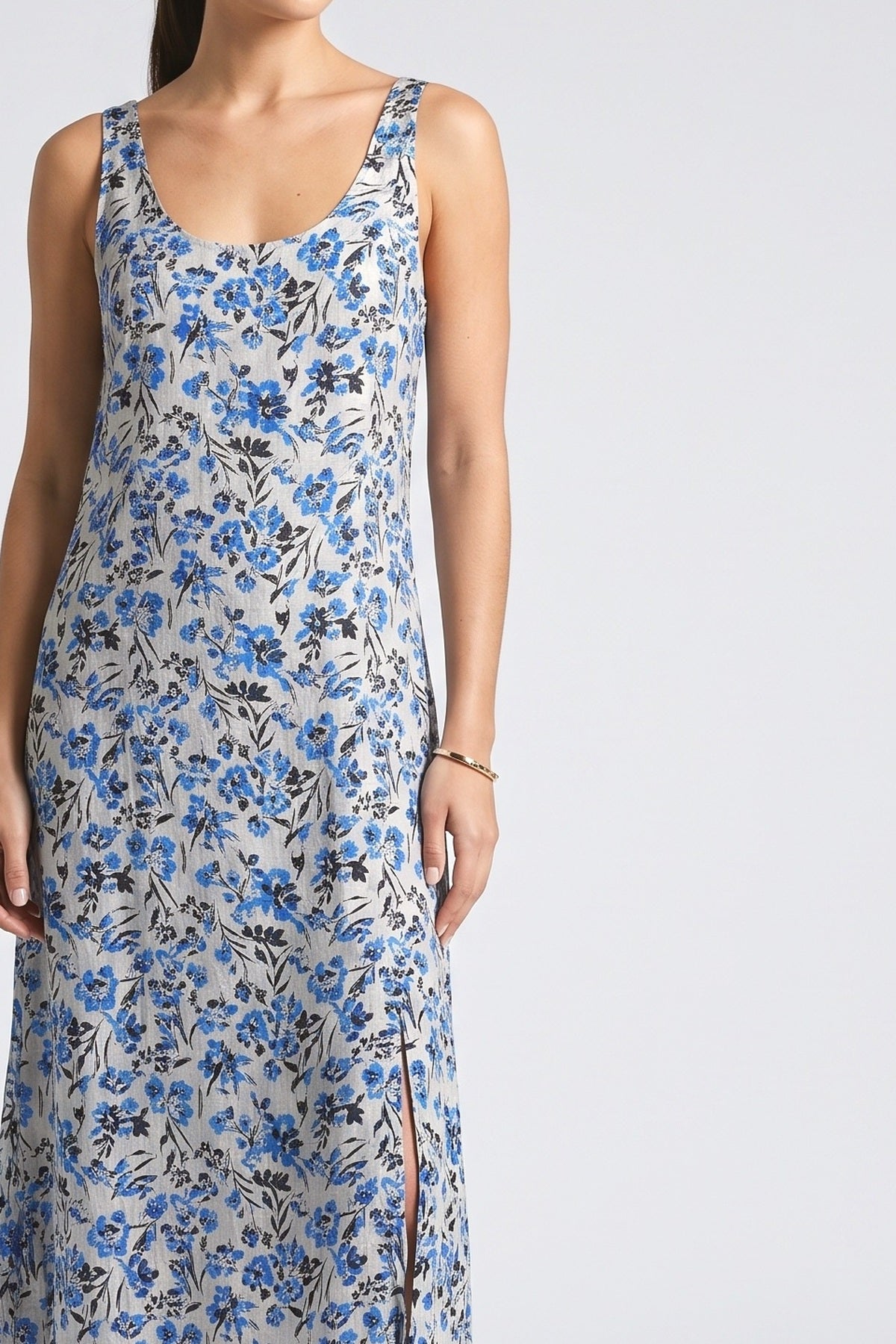 Vintage Wildflower Print Linen Split Midi Dress, fabric detail