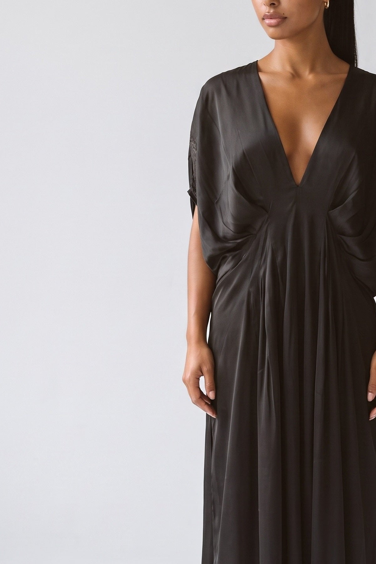 Black V-Neck Pleated Maxi Dress, fabric detail