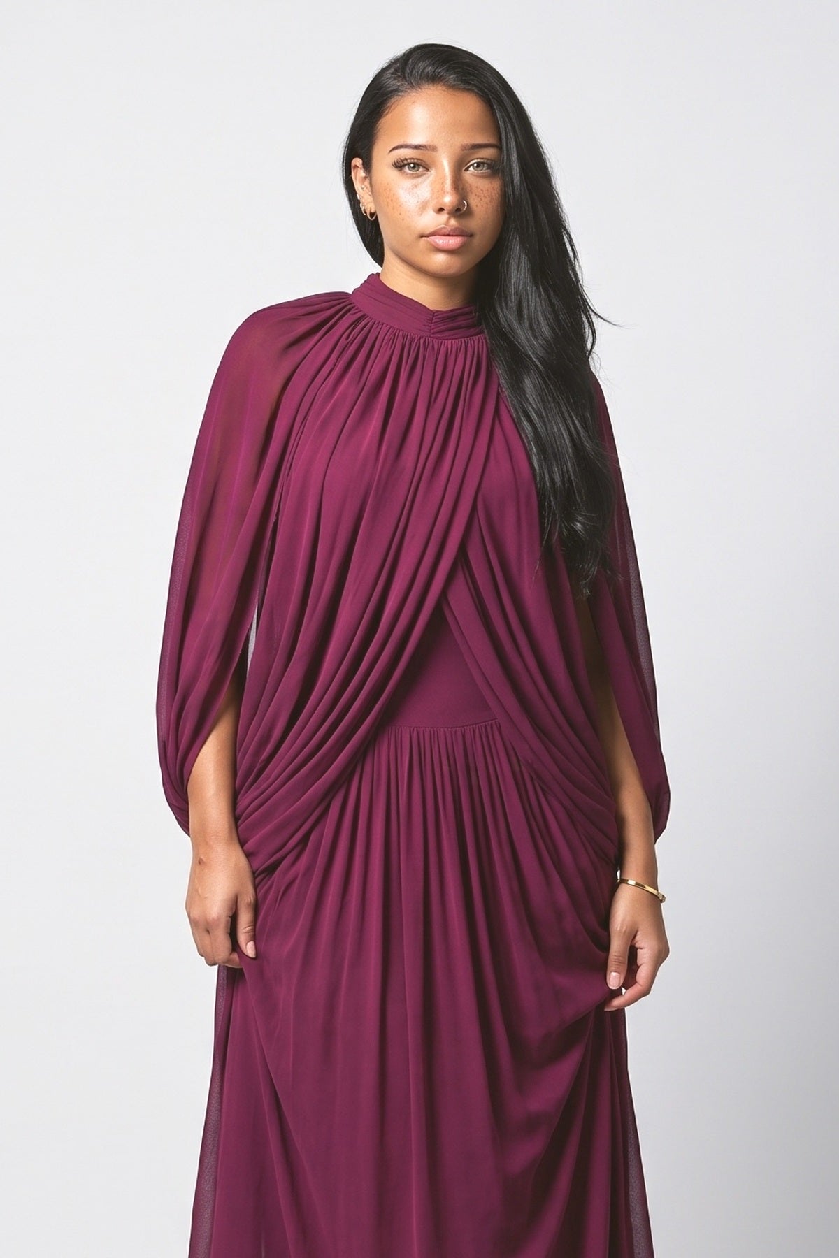 Draped Cape Sleeve Pleated Maxi Dress, fabric detail