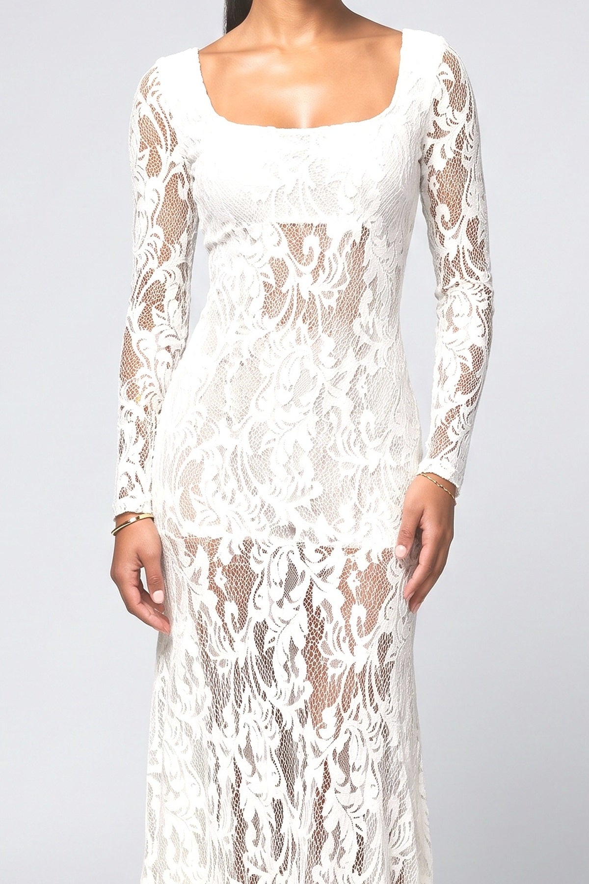 White Lace Square Neck Maxi Dress, fabric detail