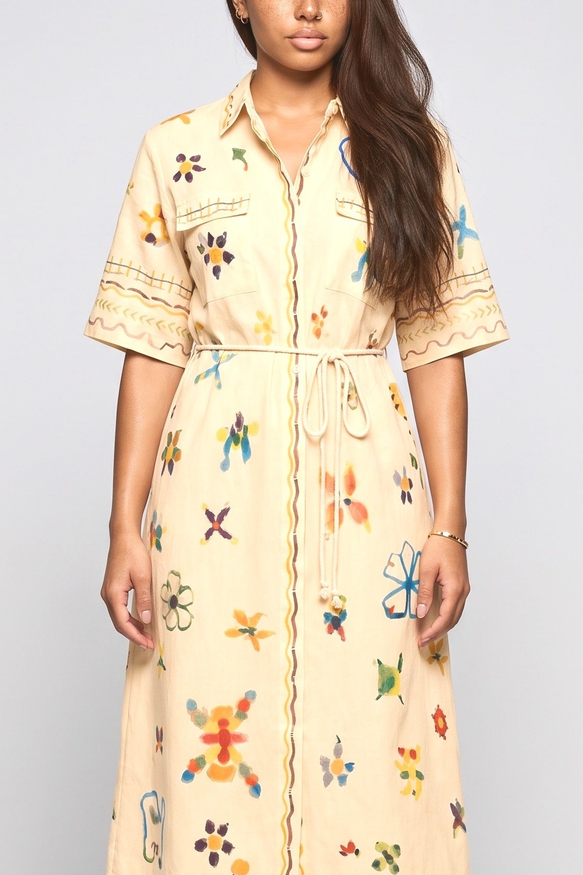 Hand-Painted Watercolor Print Shirt Midi Dress, fabric detail