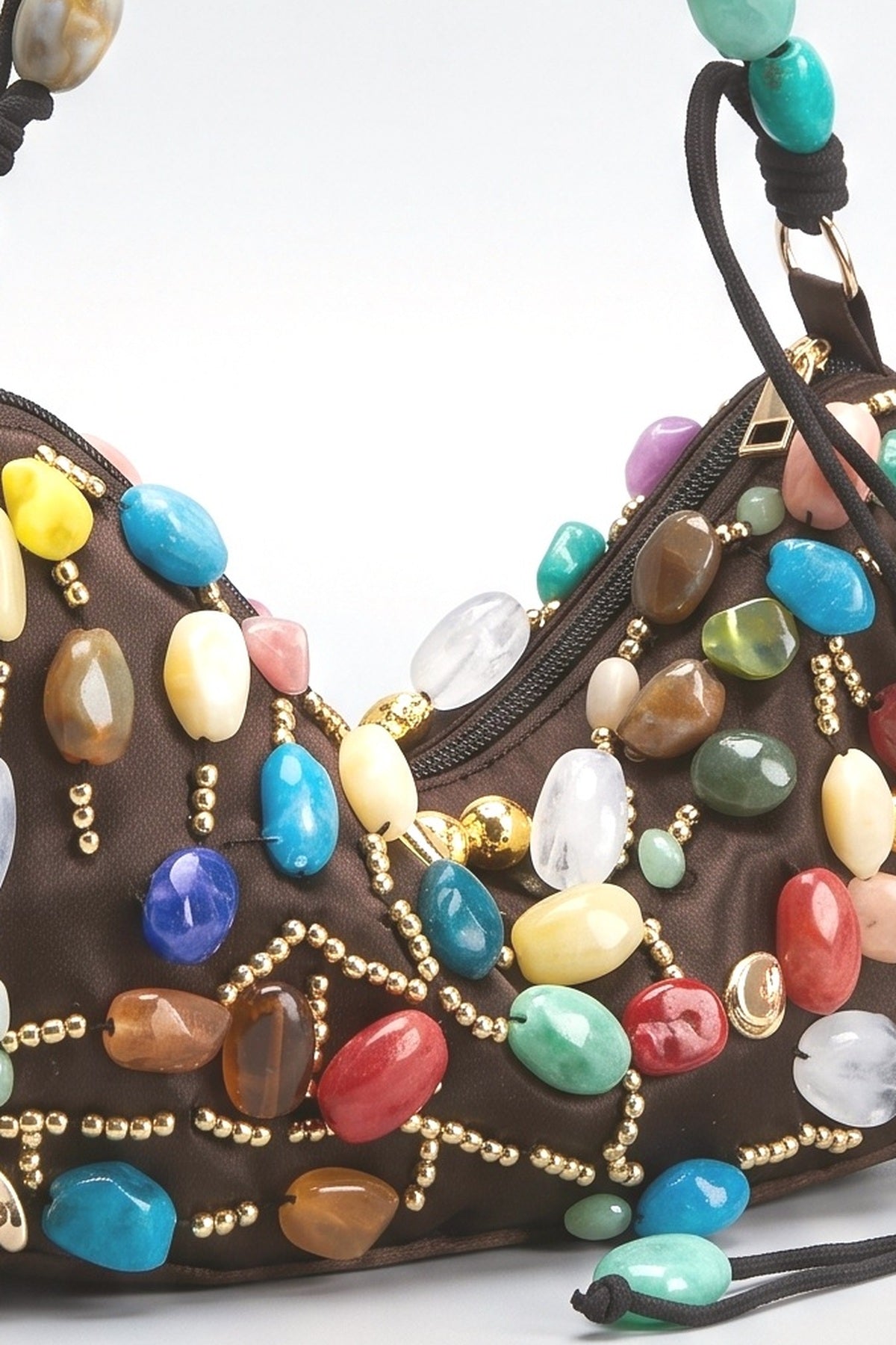 Bohemian Multicolor Stone Beaded Hobo Underarm Shoulder Bag, fabric detail