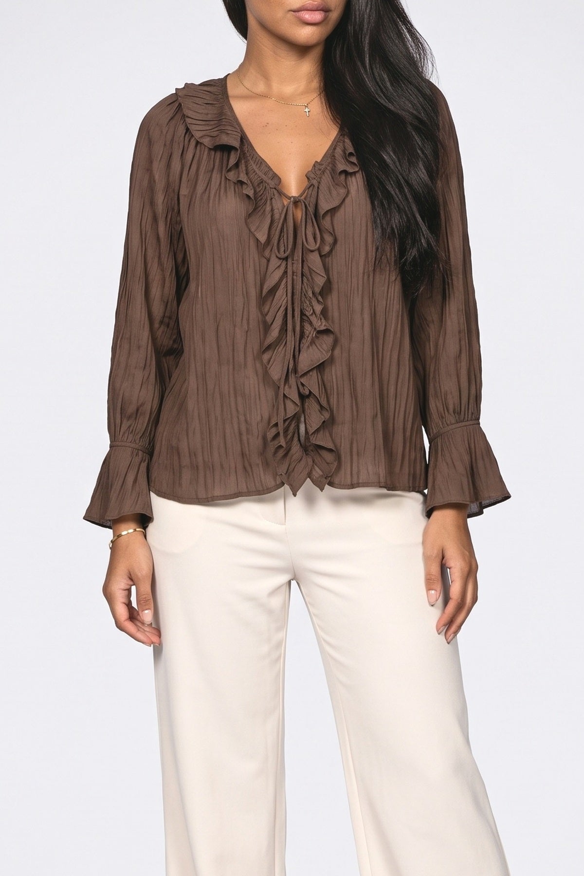 V-Neck Long Sleeve Ruffle Blouse, fabric detail